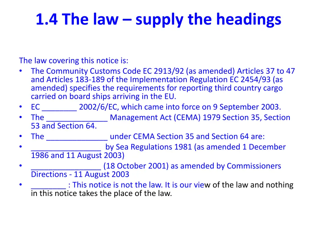 1 4 the law supply the headings