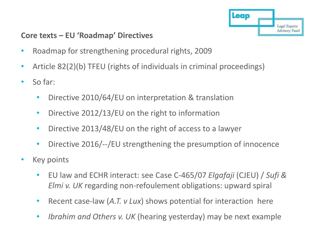 core texts eu roadmap directives
