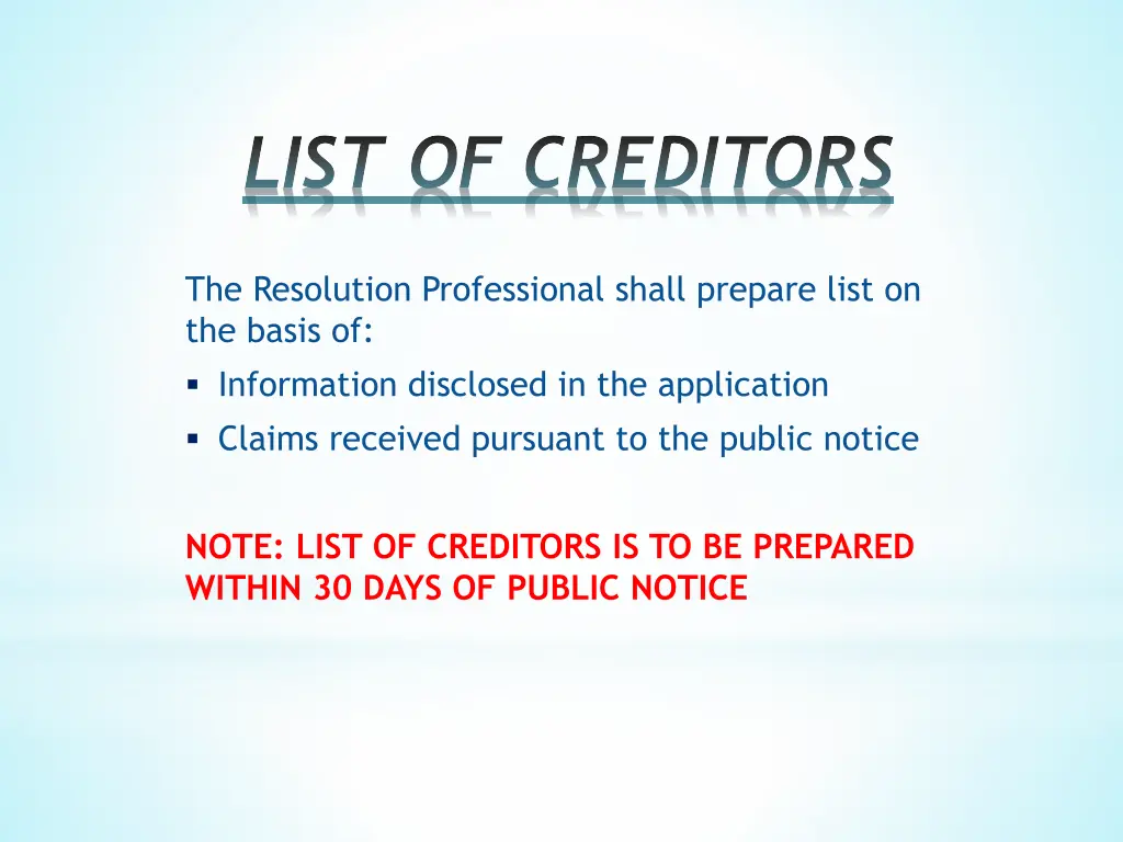 list of creditors