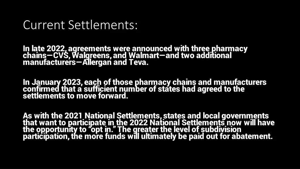 current settlements