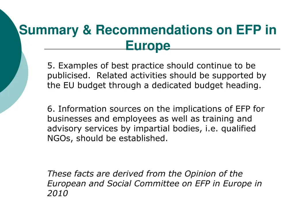 summary recommendations on efp in europe 2