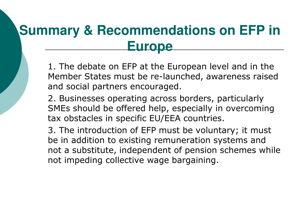 summary recommendations on efp in europe