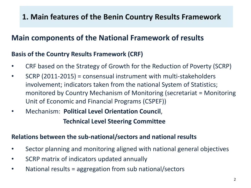 1 main features of the benin country results