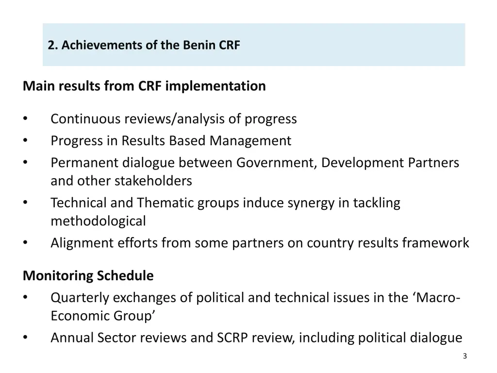2 achievements of the benin crf