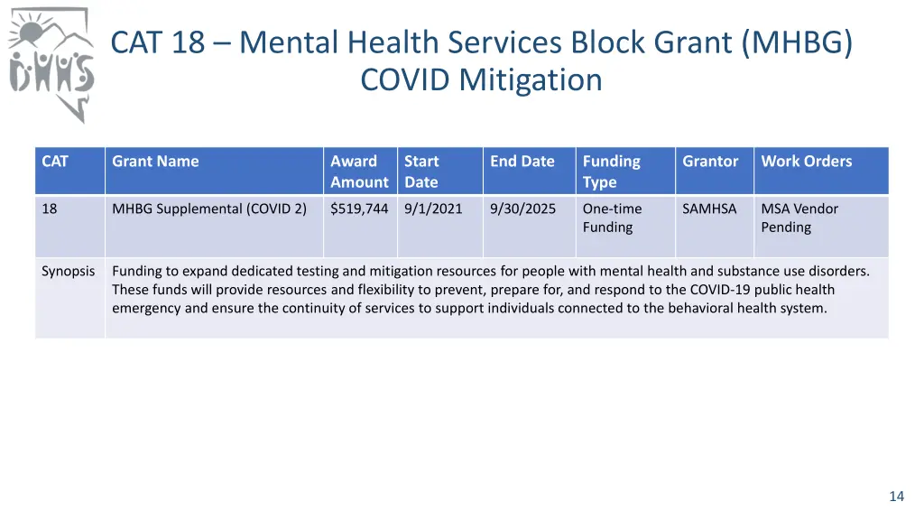 cat 18 mental health services block grant mhbg