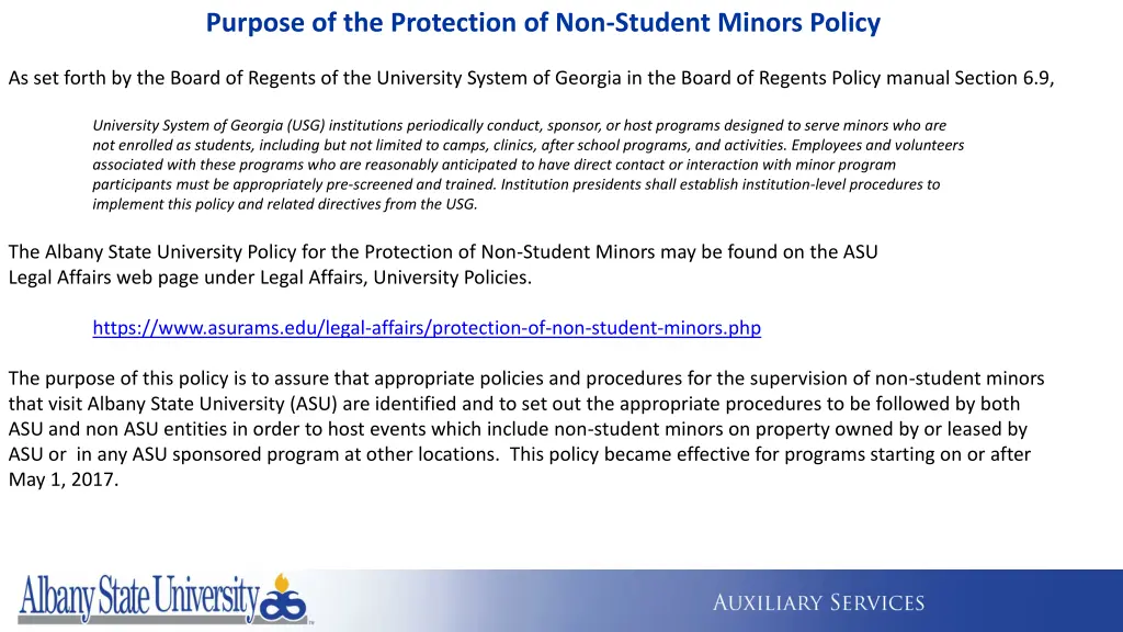 purpose of the protection of non student minors