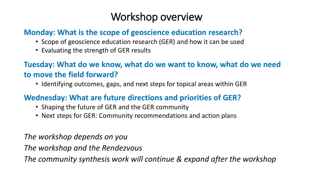 workshop overview workshop overview