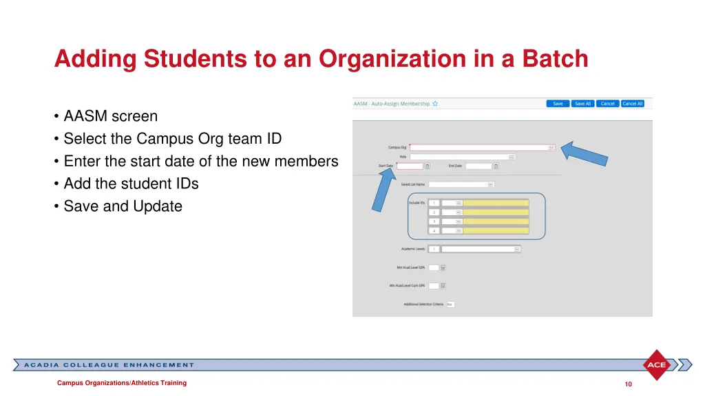 adding students to an organization in a batch