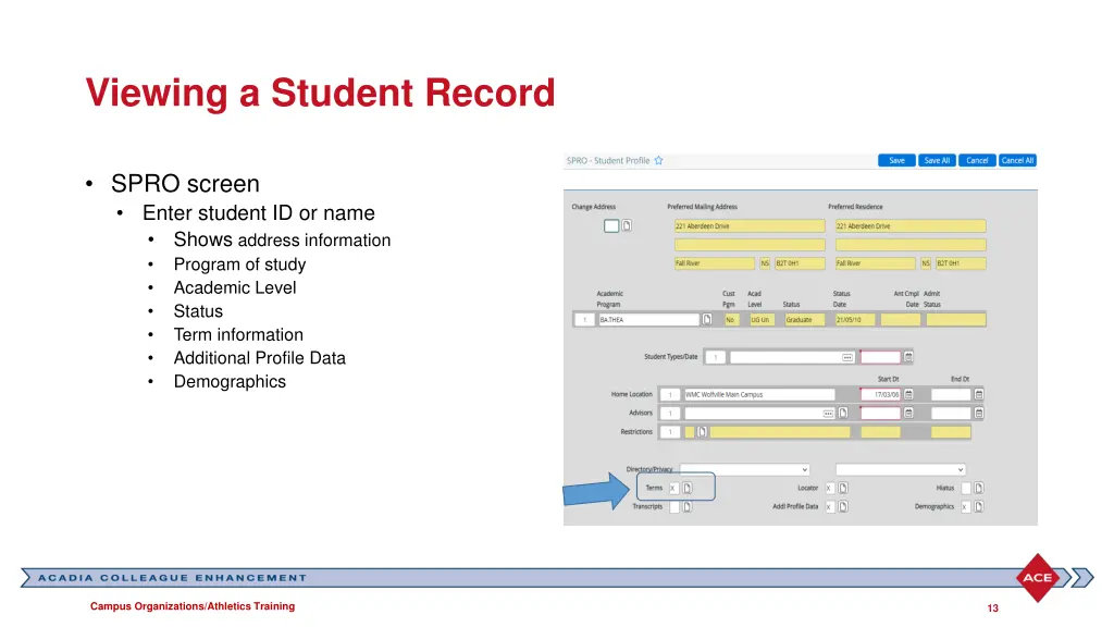 viewing a student record