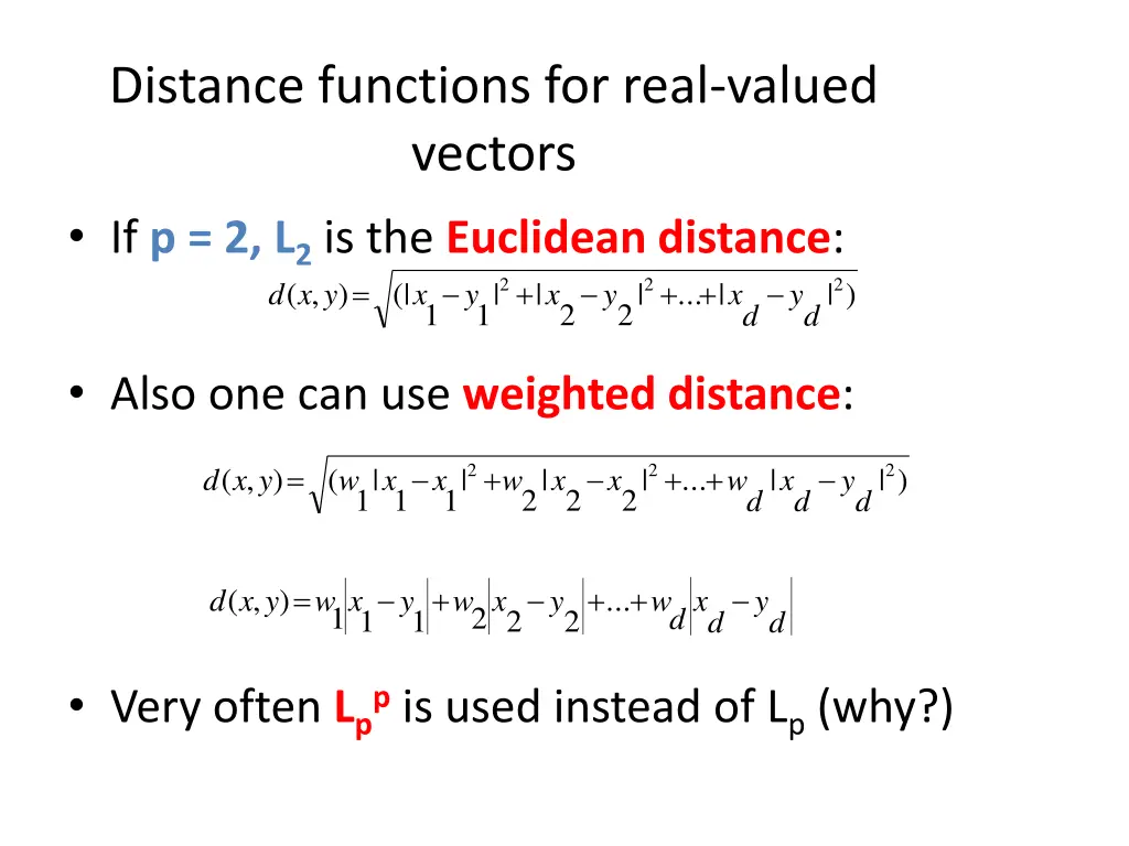 distance functions for real valued vectors 1