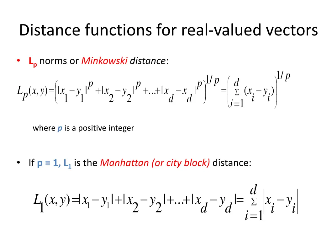 distance functions for real valued vectors