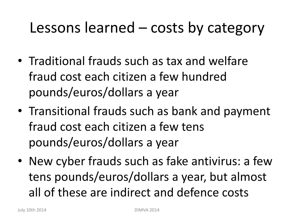 lessons learned costs by category