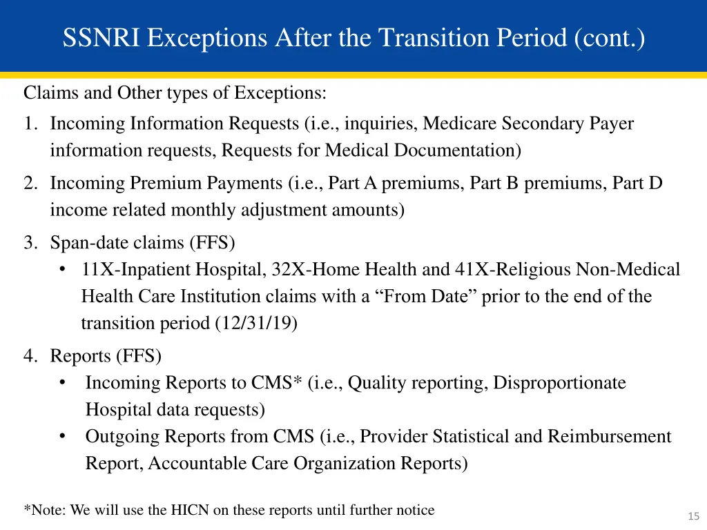 ssnri exceptions after the transition period cont