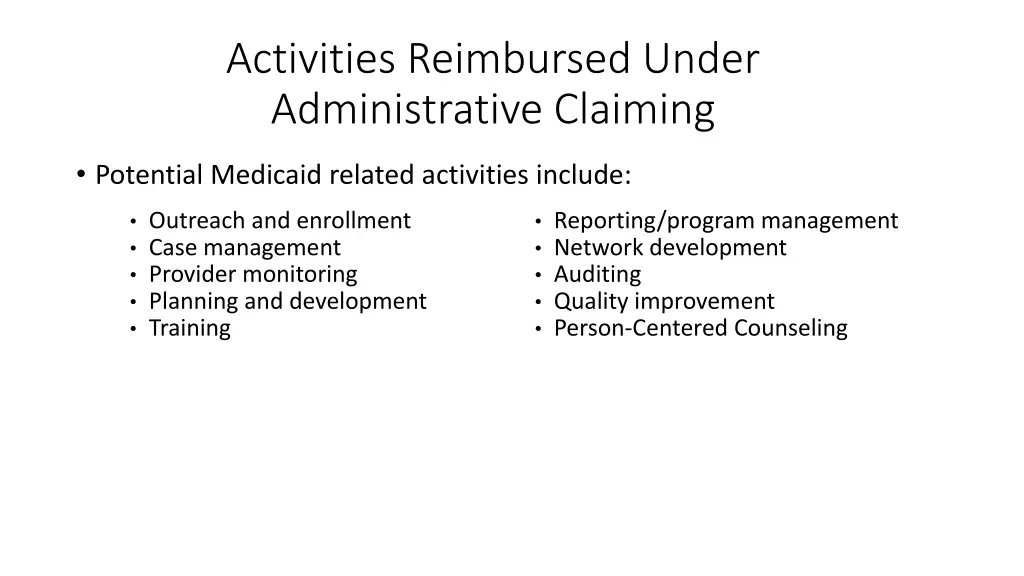 activities reimbursed under administrative