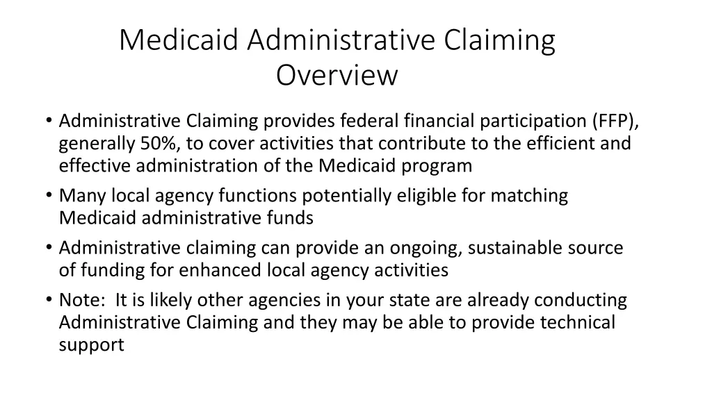 medicaid administrative claiming overview