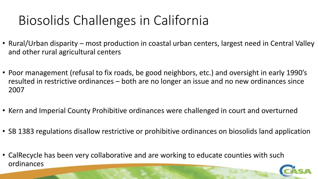 biosolids challenges in california