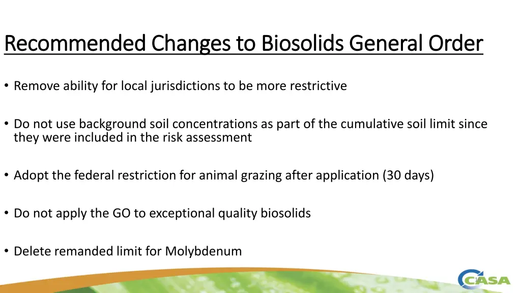 recommended changes to biosolids general order
