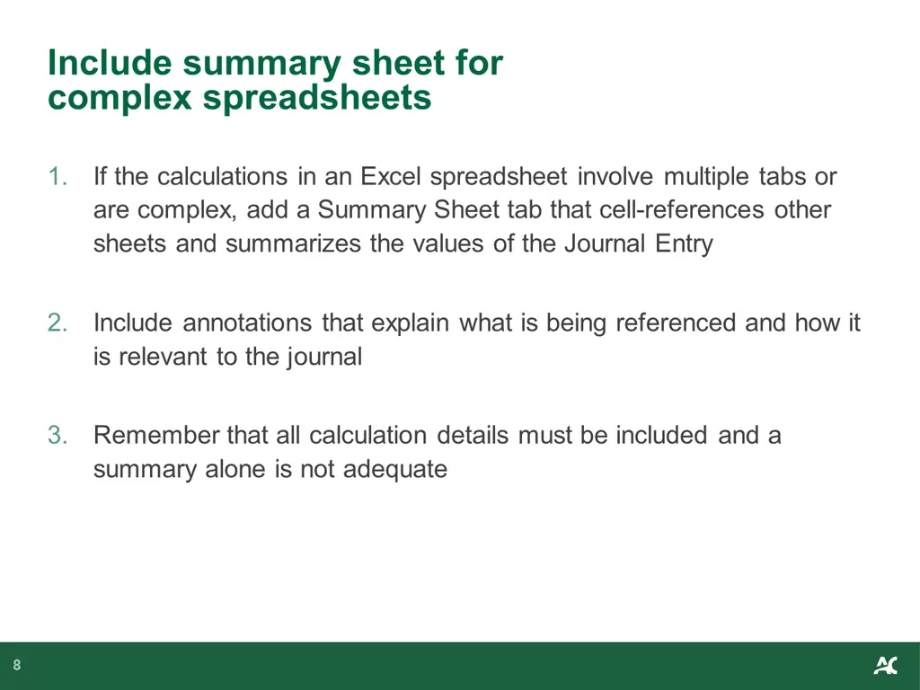 include summary sheet for complex spreadsheets