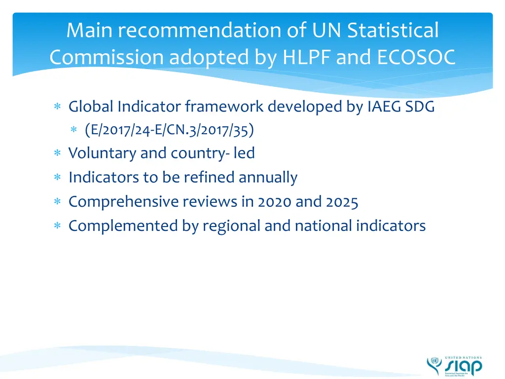 main recommendation of un statistical commission