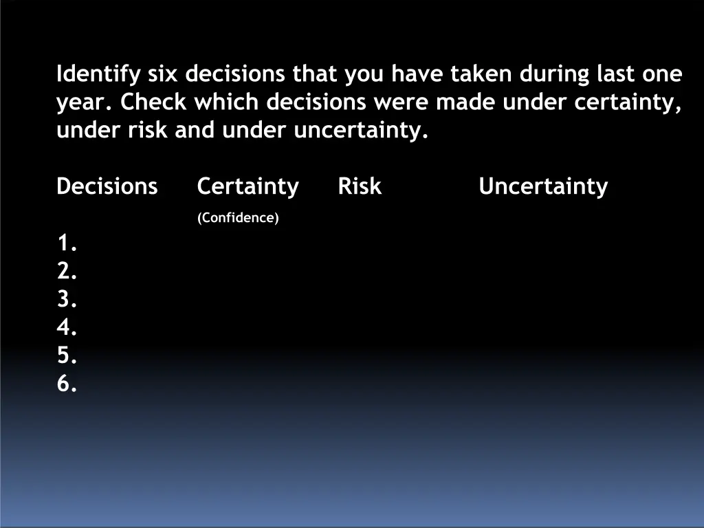 identify six decisions that you have taken during