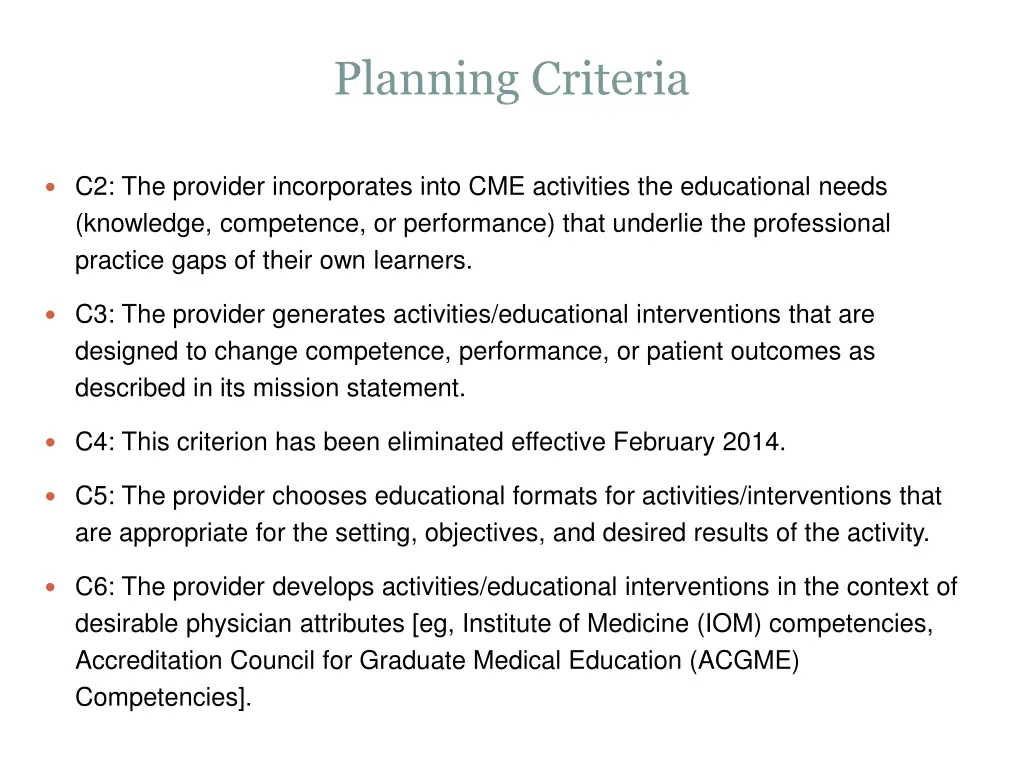 planning criteria