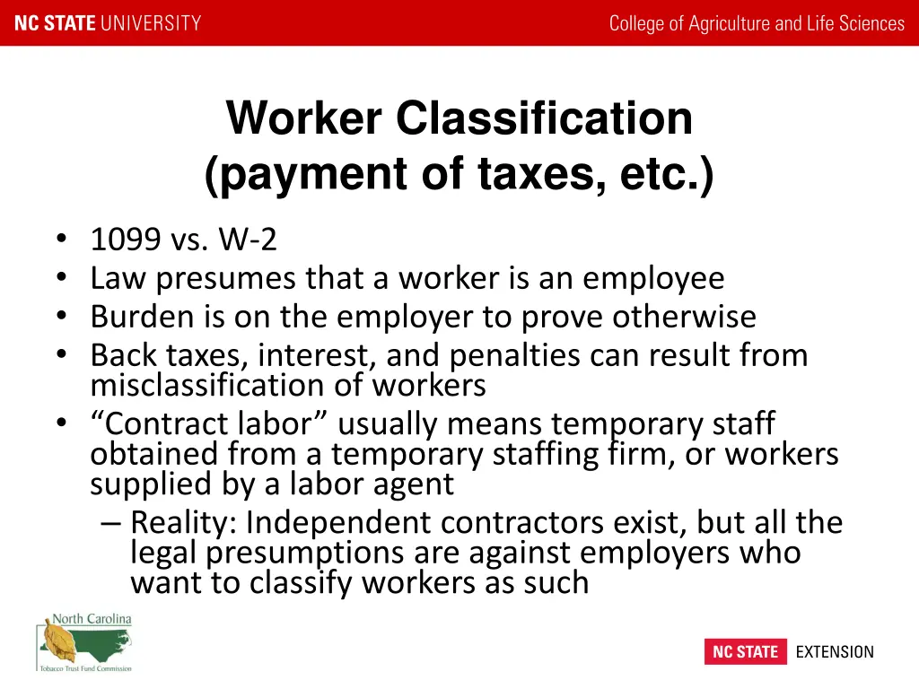 worker classification payment of taxes etc