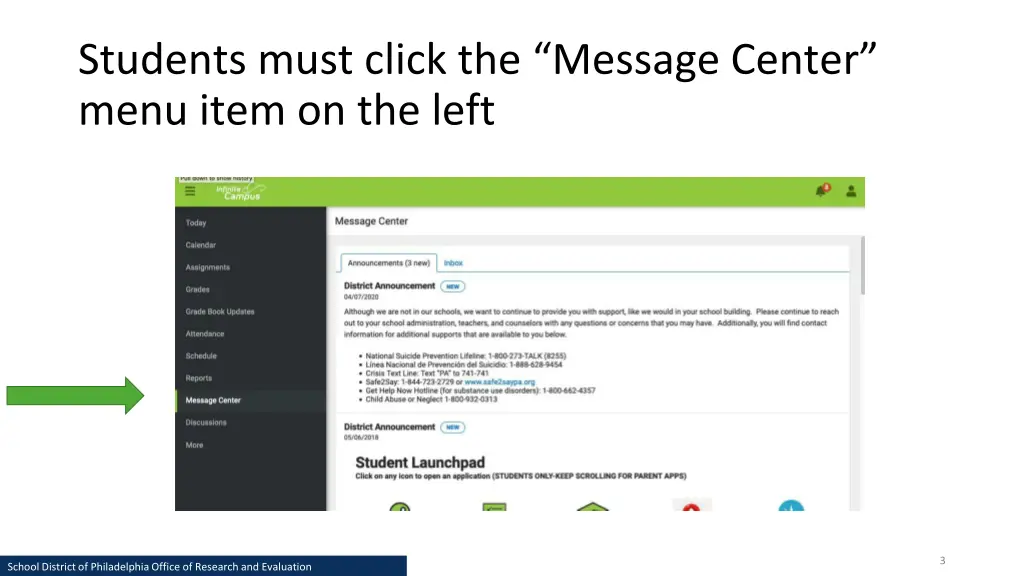 students must click the message center menu item