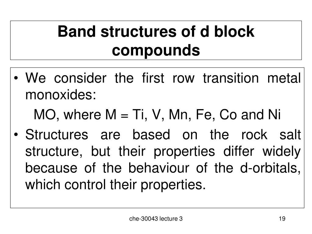 band structures of d block compounds
