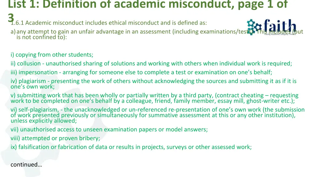 list 1 definition of academic misconduct page