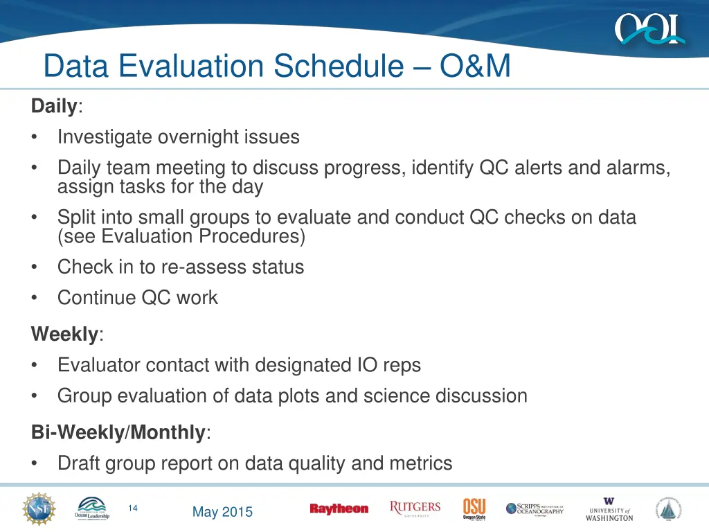 data evaluation schedule o m