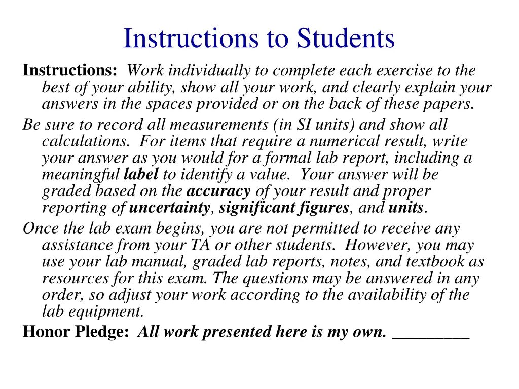 instructions to students instructions work