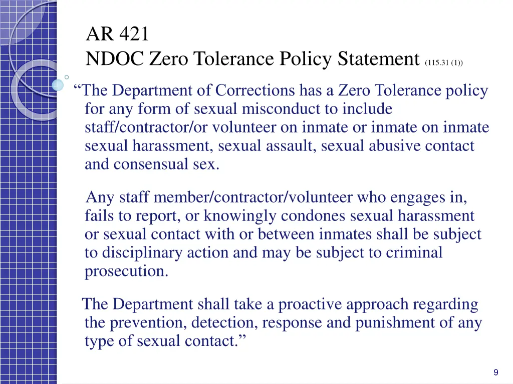 ar 421 ndoc zero tolerance policy statement