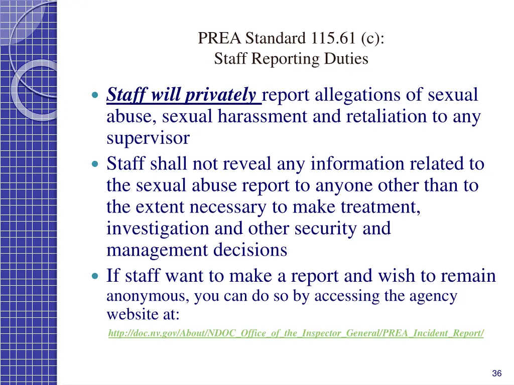 prea standard 115 61 c staff reporting duties