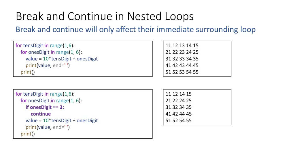 break and continue in nested loops break 1