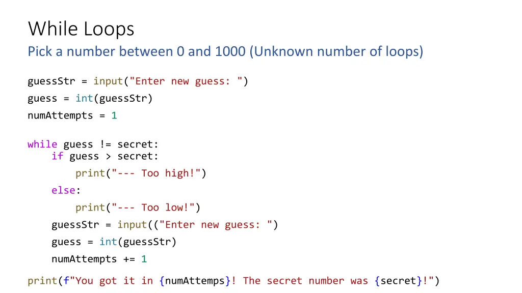 while loops pick a number between 0 and 1000