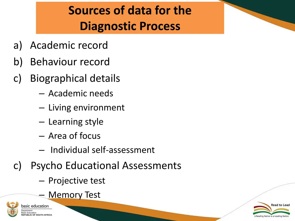 sources of data for the diagnostic process