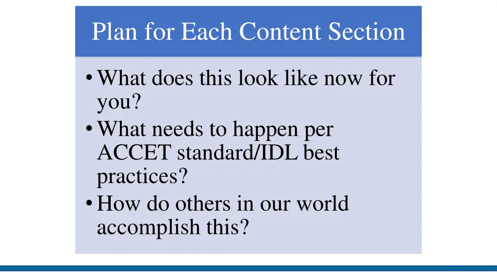 plan for each content section