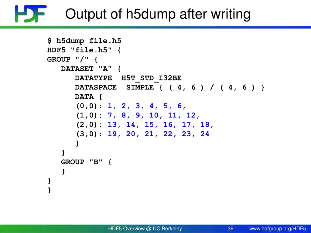 output of h5dump after writing