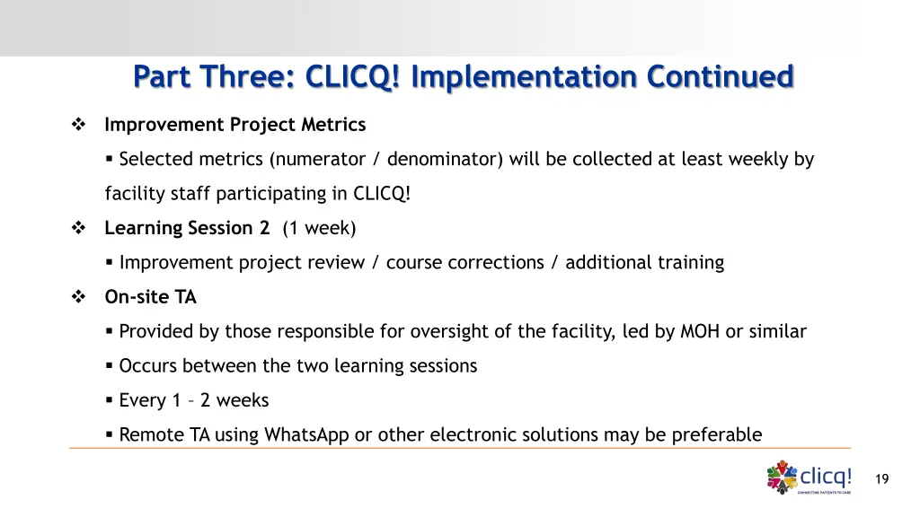 part three clicq implementation continued