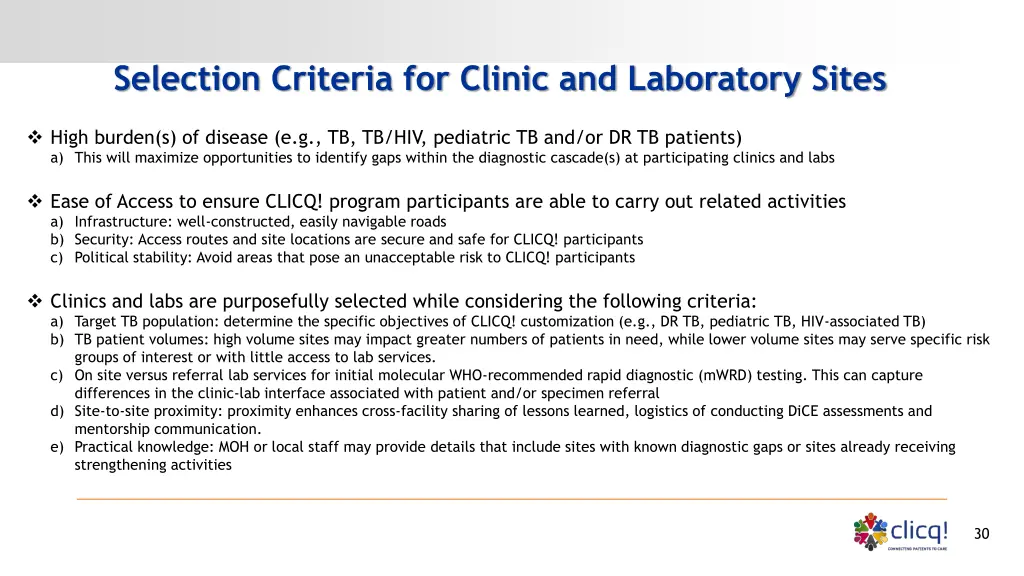 selection criteria for clinic and laboratory sites