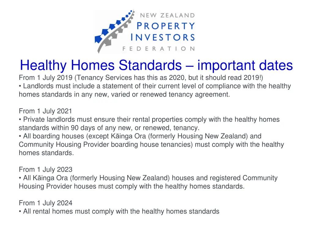 healthy homes standards important dates from