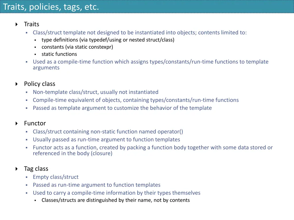 traits policies tags etc