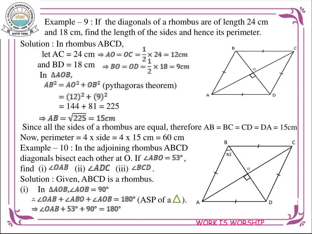example 9 if the diagonals of a rhombus