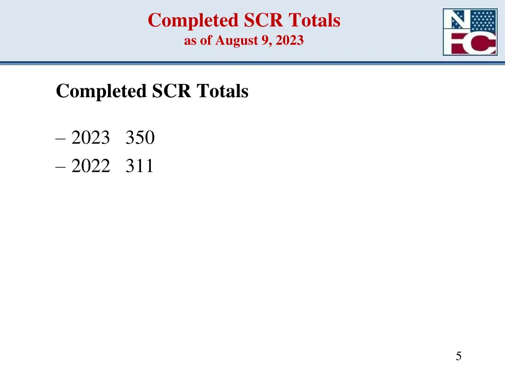 completed scr totals as of august 9 2023