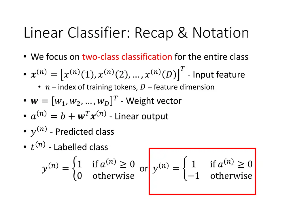 linear classifier recap notation