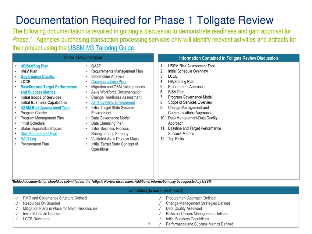 documentation required for phase 1 tollgate