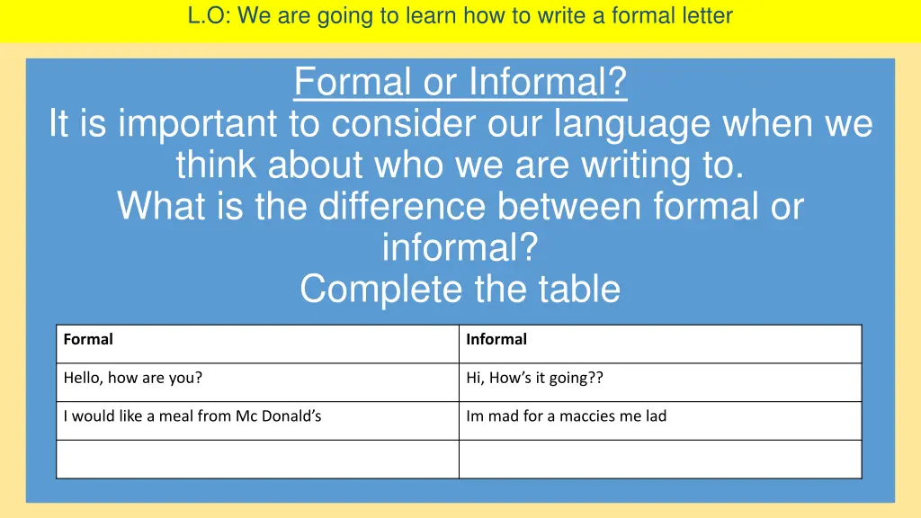 l o we are going to learn how to write a formal 1