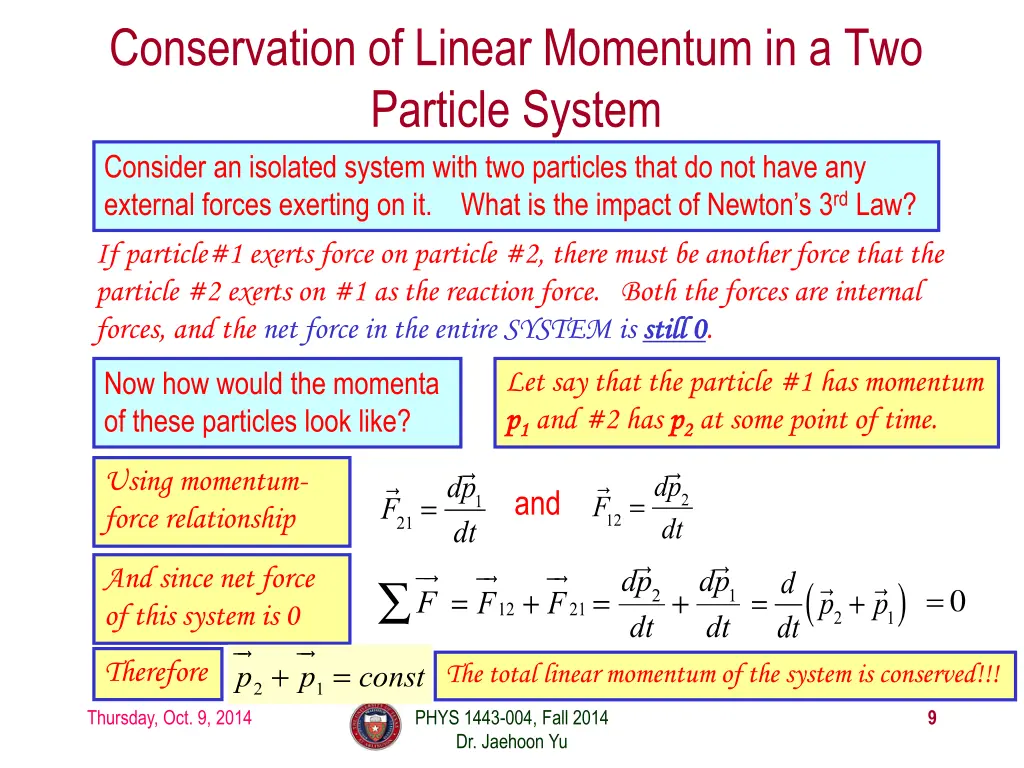 conservation of linear momentum in a two particle