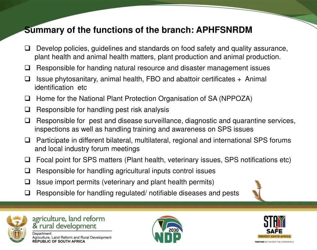 summary of the functions of the branch aphfsnrdm