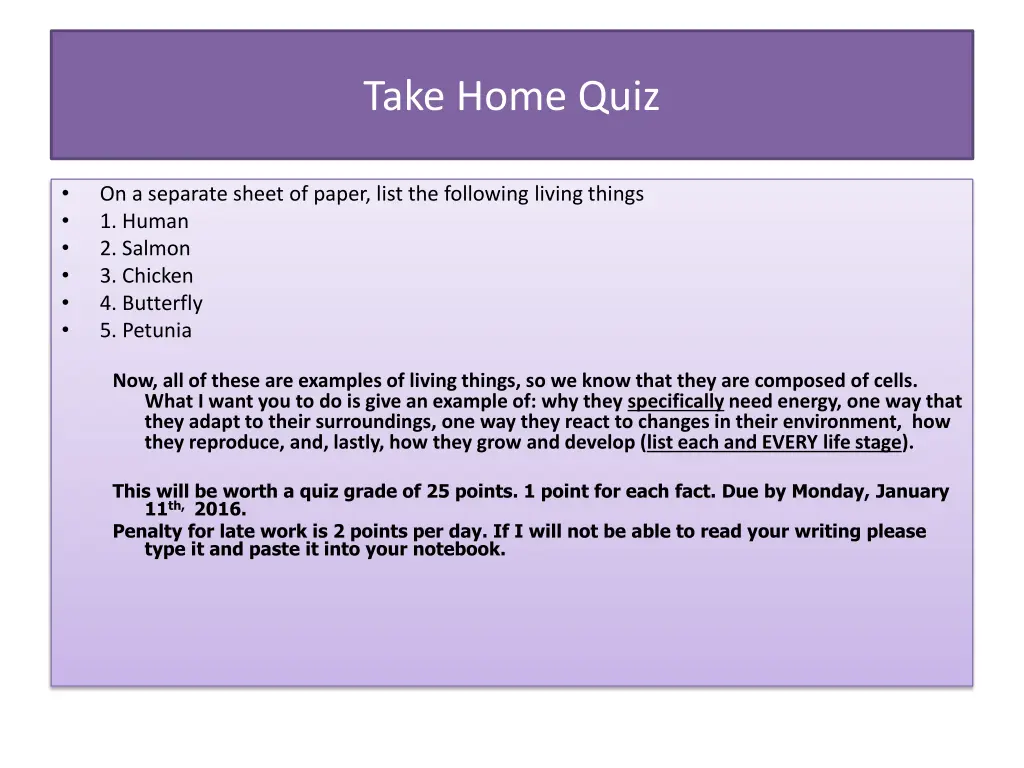 take home quiz